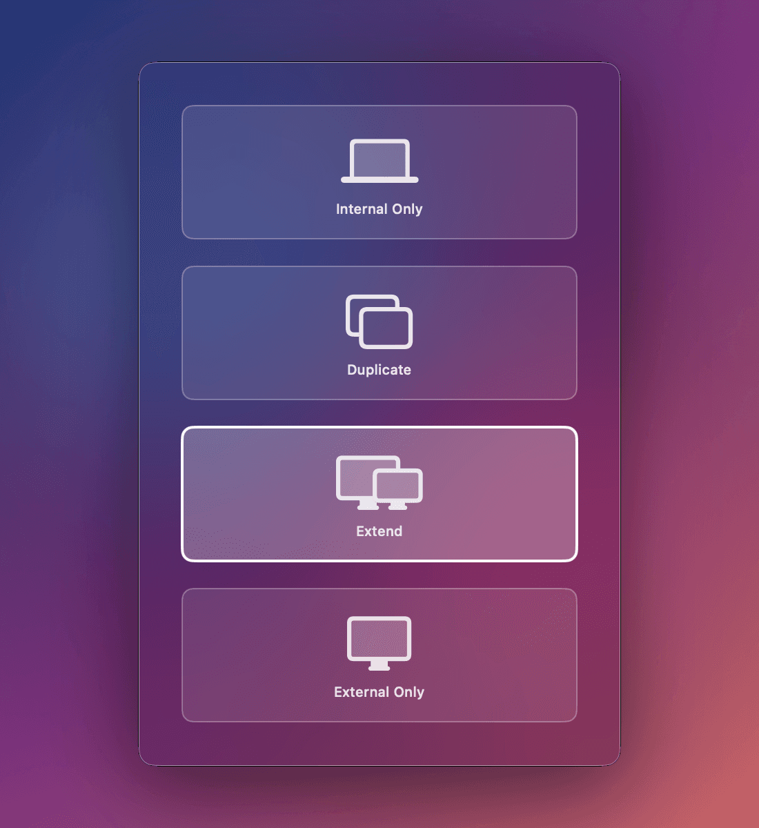 Display Switch shortcut HUD showing four display modes