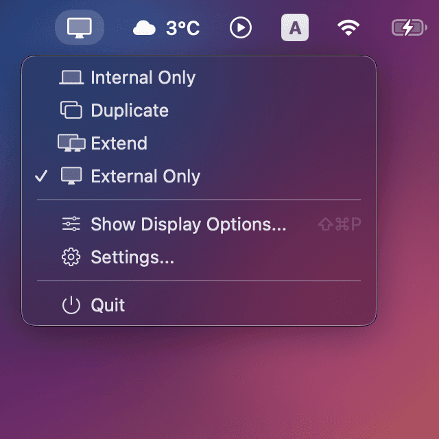 Display Switch controls in the macOS menu bar